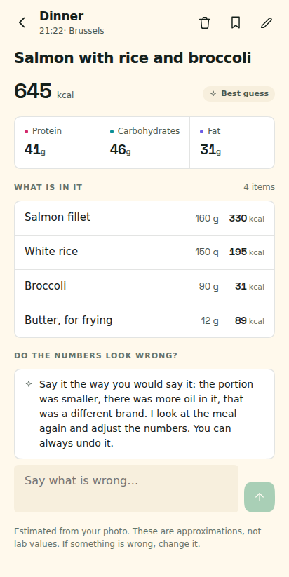 One meal opened up: 645 kcal marked Best guess, the three macros, and the four ingredients it found with the grams and calories it gave each.