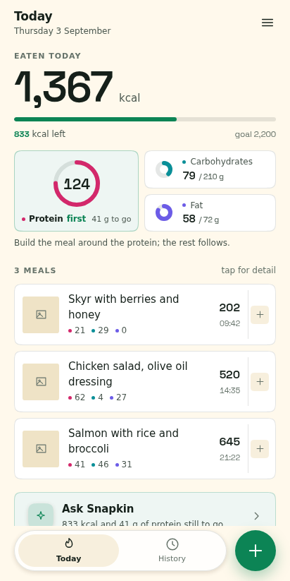 The day so far: 1,367 of 2,200 kcal eaten, 833 left, protein on 124 g of 165 with 41 g to go, and the three meals logged underneath.