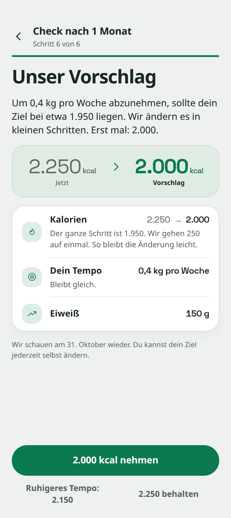 Der letzte Schritt des Checks, „Unser Vorschlag“: Das Ziel geht von 2.250 auf 2.000 kcal, mit Knöpfen, um 2.000 kcal zu nehmen, ein ruhigeres Tempo mit 2.150 zu wählen oder 2.250 zu behalten.