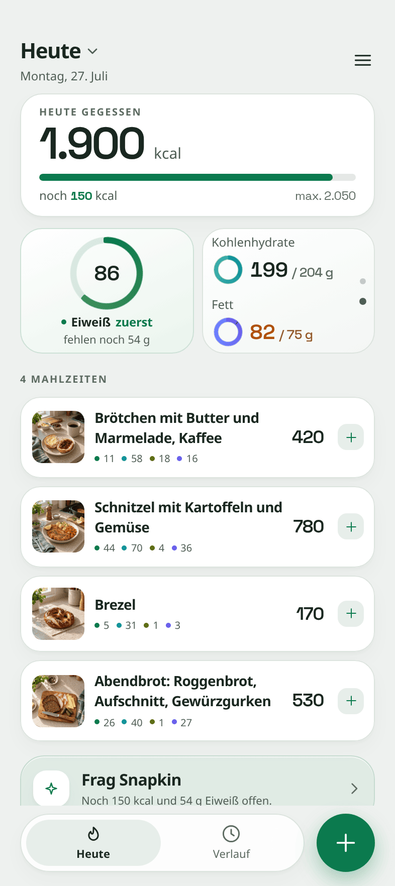 Der Tag bis jetzt: 1.900 von 2.050 kcal gegessen, 150 übrig, Eiweiss bei 86 g mit noch 54 g, und darunter die vier erfassten Mahlzeiten, jede mit dem Foto, aus dem sie geschätzt wurde.