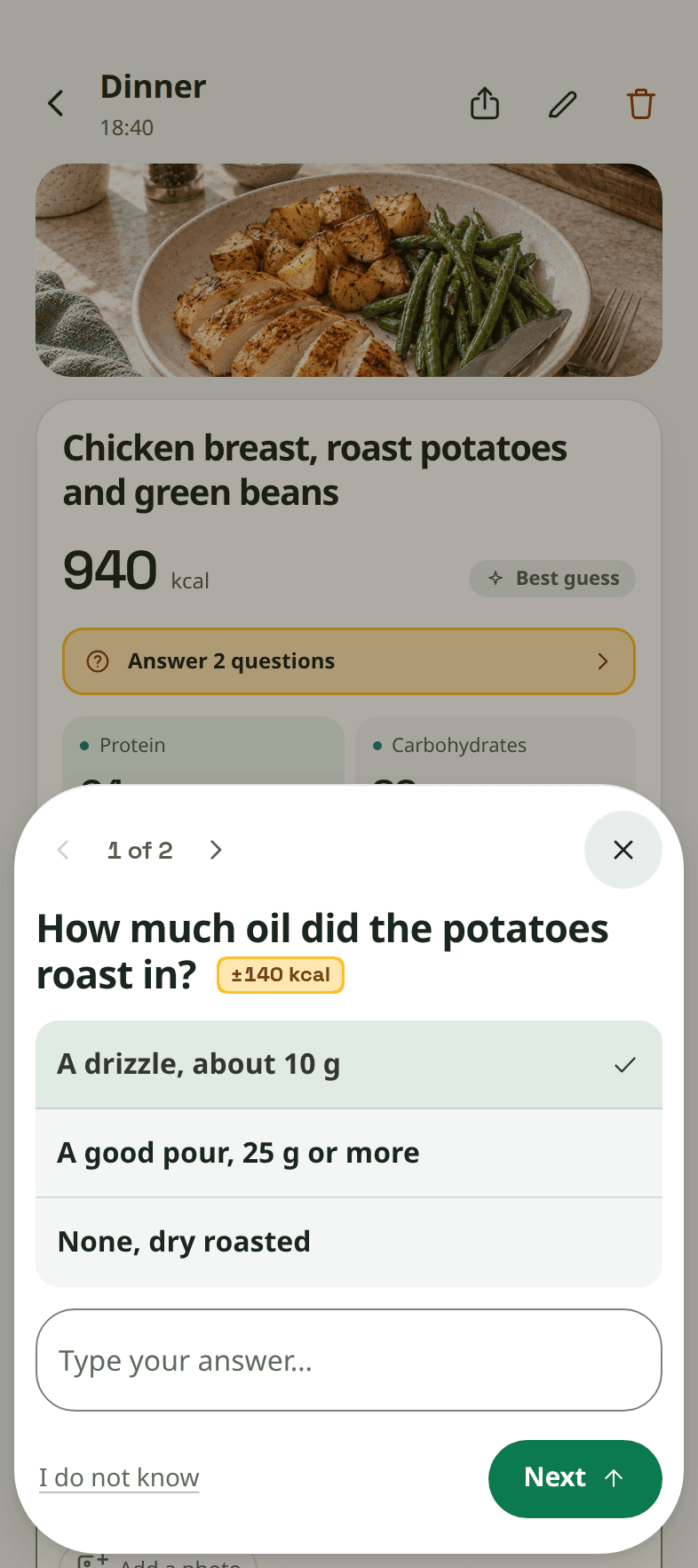Snapkin asks a question about the meal, with one button for each answer.