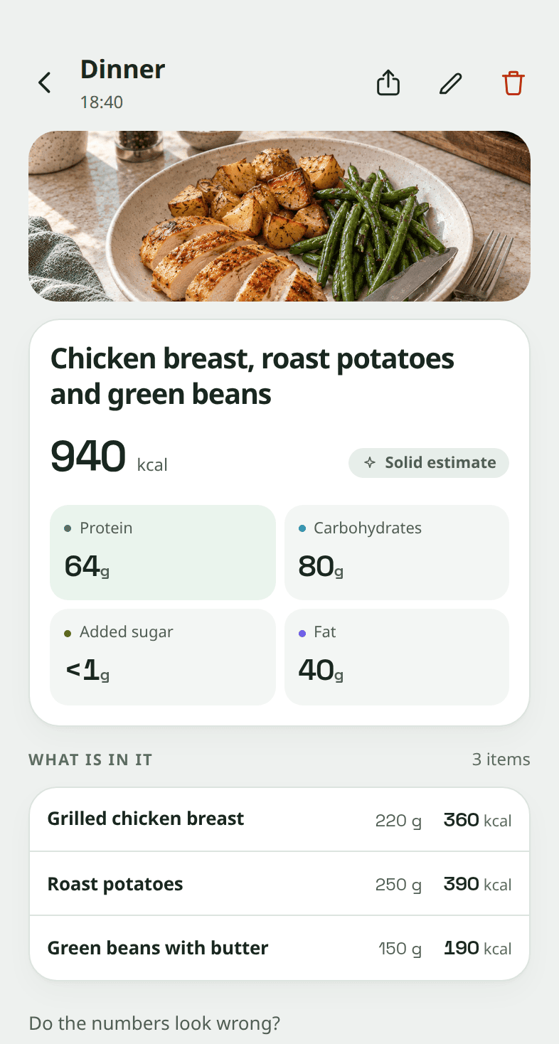 The logged meal in Snapkin, with every item in grams and kcal.