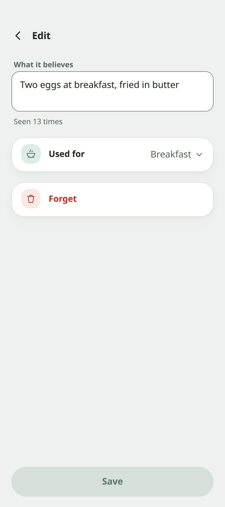 The Snapkin Memory screen with one remembered fact open for editing, and a "Used for" picker that sets which meals it applies to.
