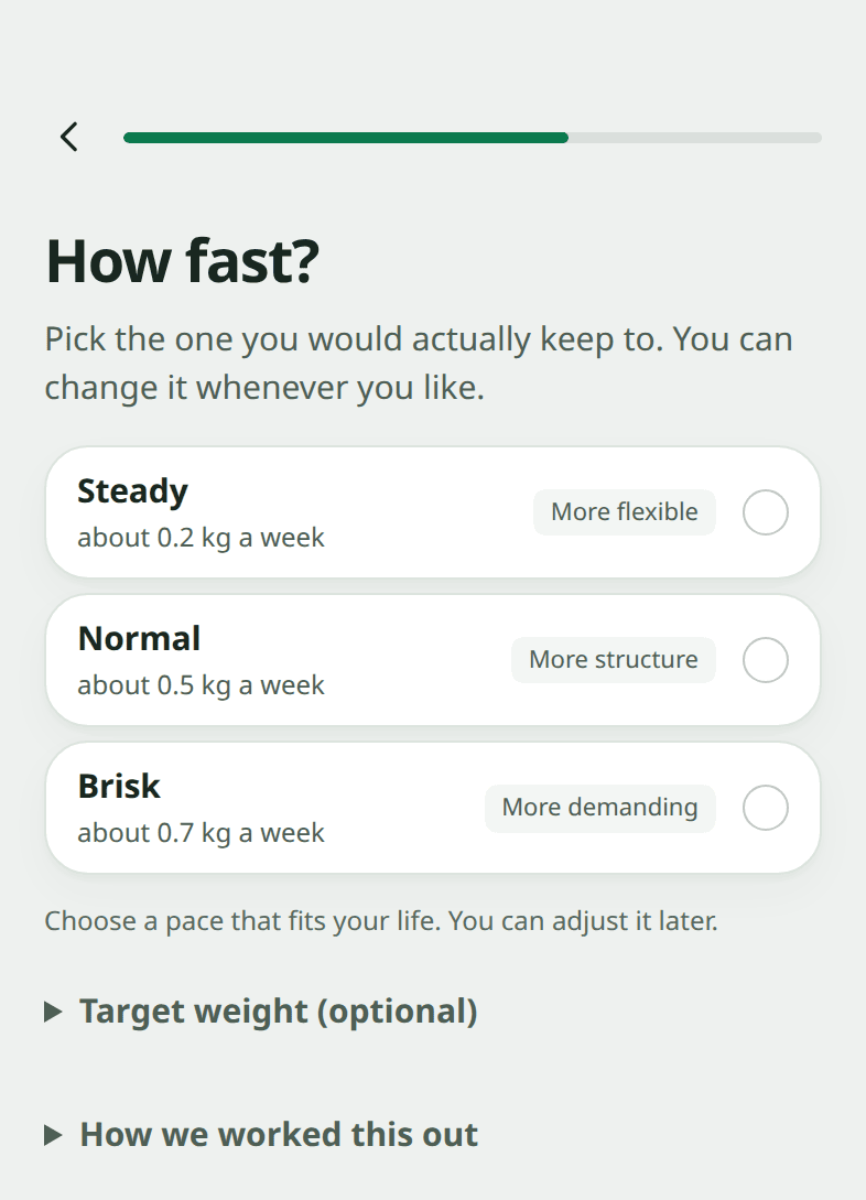 A Snapkin onboarding screen headed &ldquo;How fast?&rdquo; offering Steady at about 0.2 kg a week, Normal at 0.5 and Brisk at 0.7, with a note explaining that the fast end stops at 0.8% of body weight a week as a product guardrail rather than a proven safety threshold.