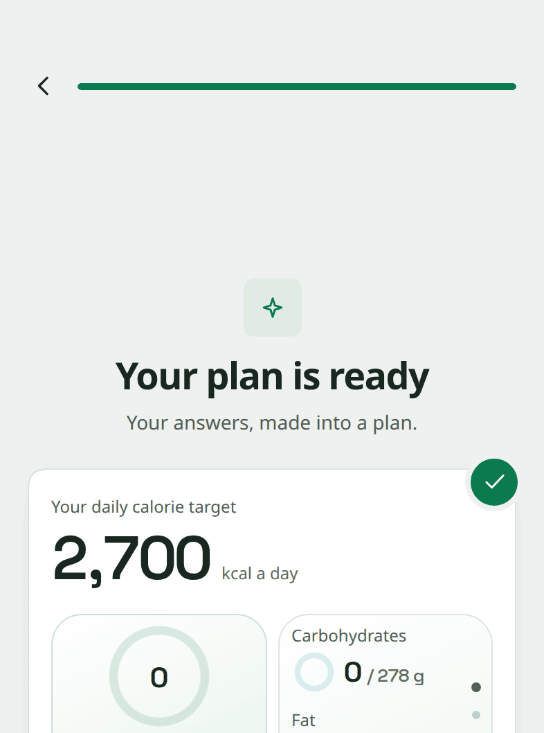 A Snapkin onboarding screen reading &ldquo;Losing 8.3 kg by March 2027&rdquo; over a falling line from 90.3 kg today to a goal of 82 kg, with an uncertainty band around it, and a paragraph explaining that real weight moves in steps and that the app follows your trend chart rather than this drawing.