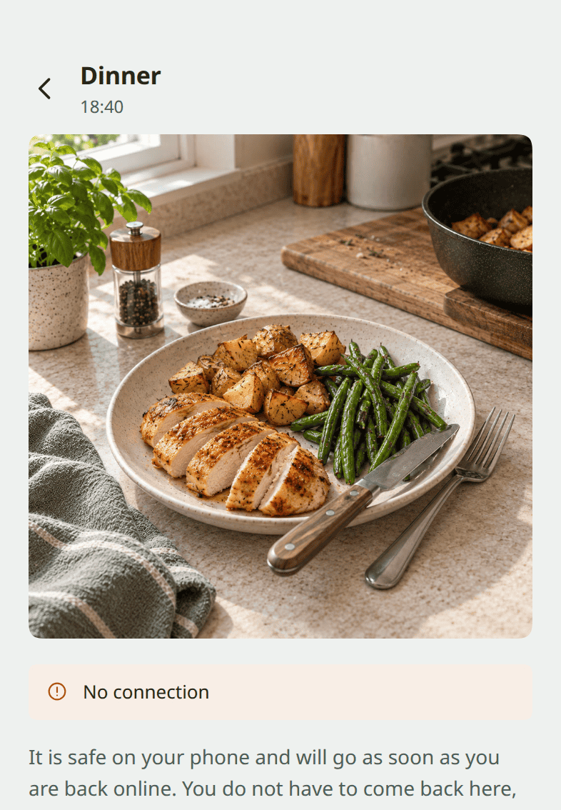 A meal waiting to upload, with a note that it is safe on the phone and will be sent as soon as there is a connection.