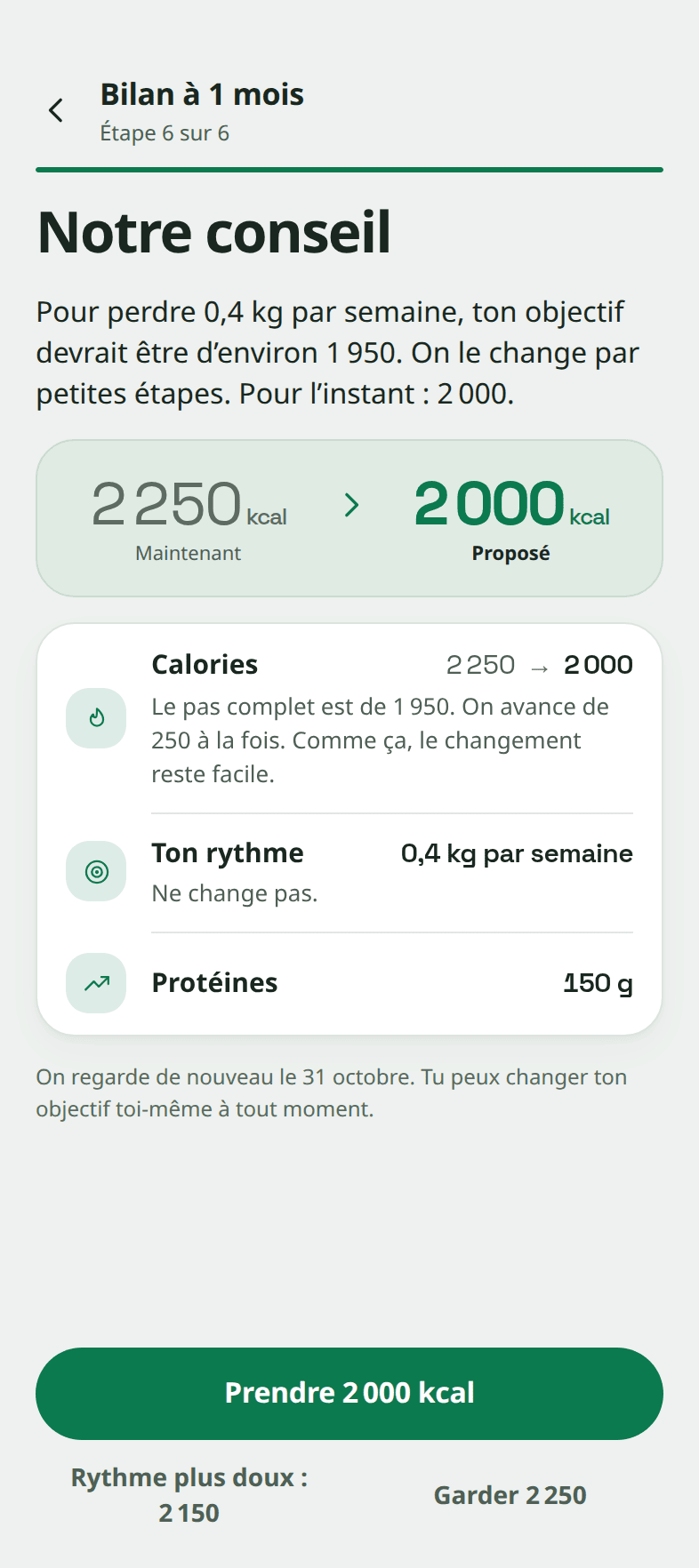 La dernière étape du bilan, « Notre conseil » : l'objectif passe de 2 250 à 2 000 kcal, avec des boutons pour prendre 2 000 kcal, choisir un rythme plus doux à 2 150, ou garder 2 250.