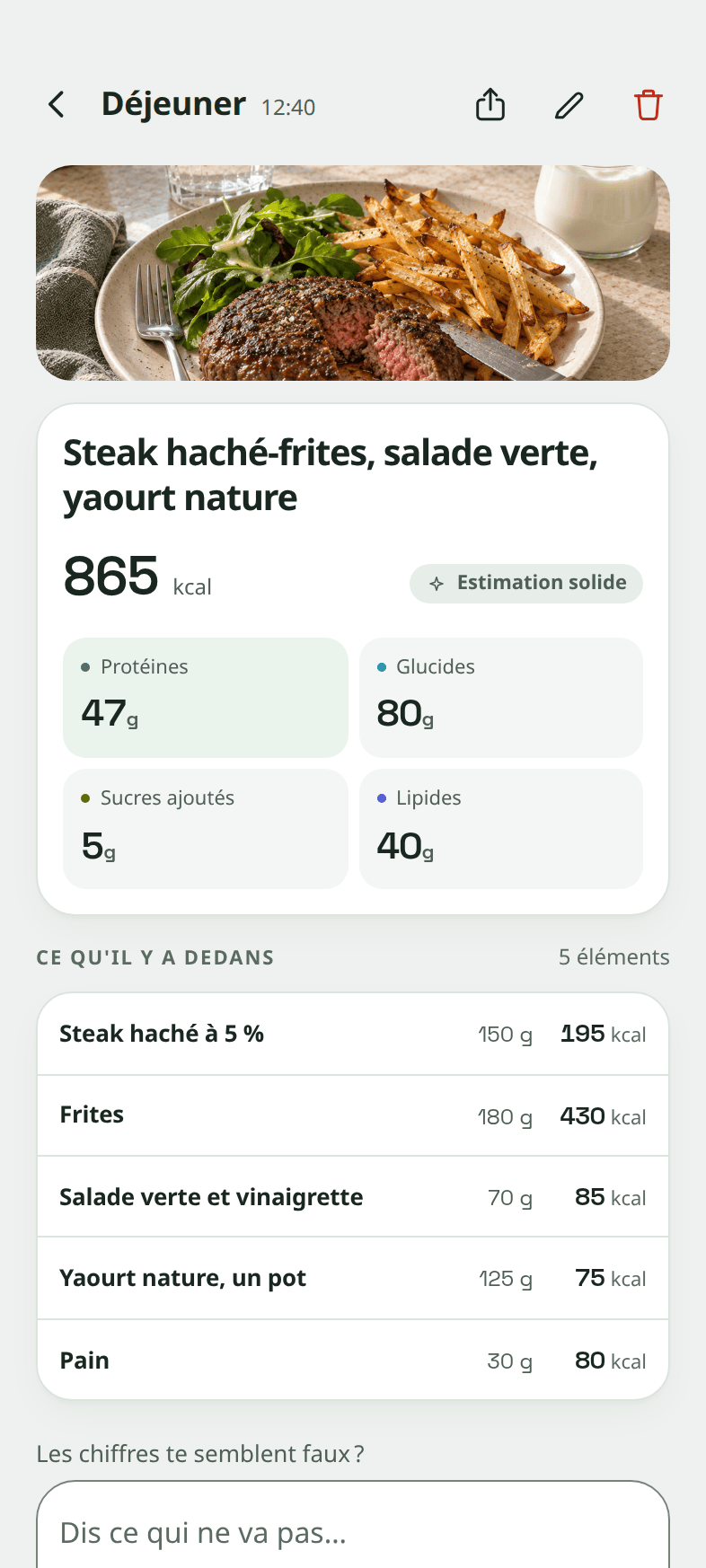 Un repas ouvert : sa photo, 865 kcal marquées Estimation solide, les quatre macros, et les cinq éléments trouvés avec les grammes et les calories attribués à chacun.