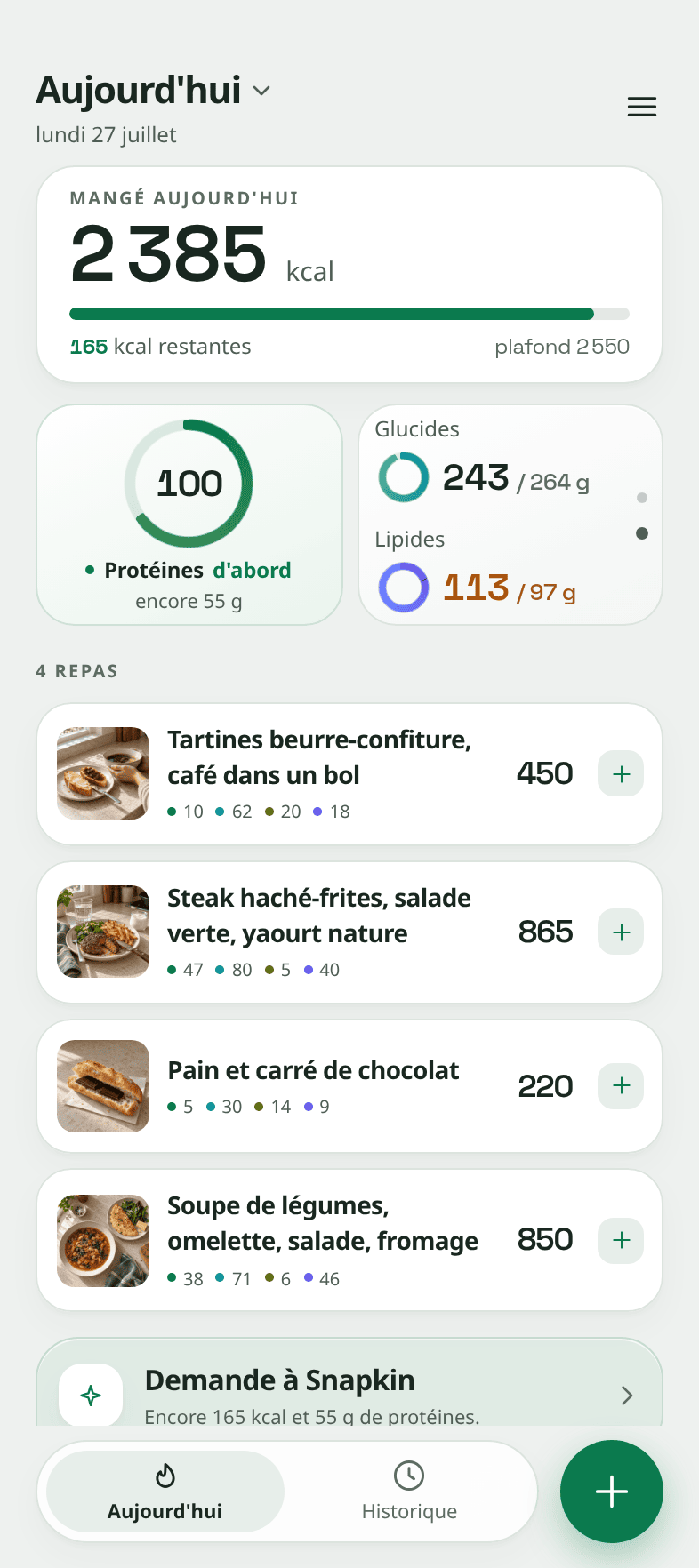 La journée jusqu'ici : 2 385 kcal sur 2 550 mangées, 165 restantes, les protéines à 100 g avec encore 55 g, et les quatre repas enregistrés en dessous, chacun avec la photo dont il a été estimé.