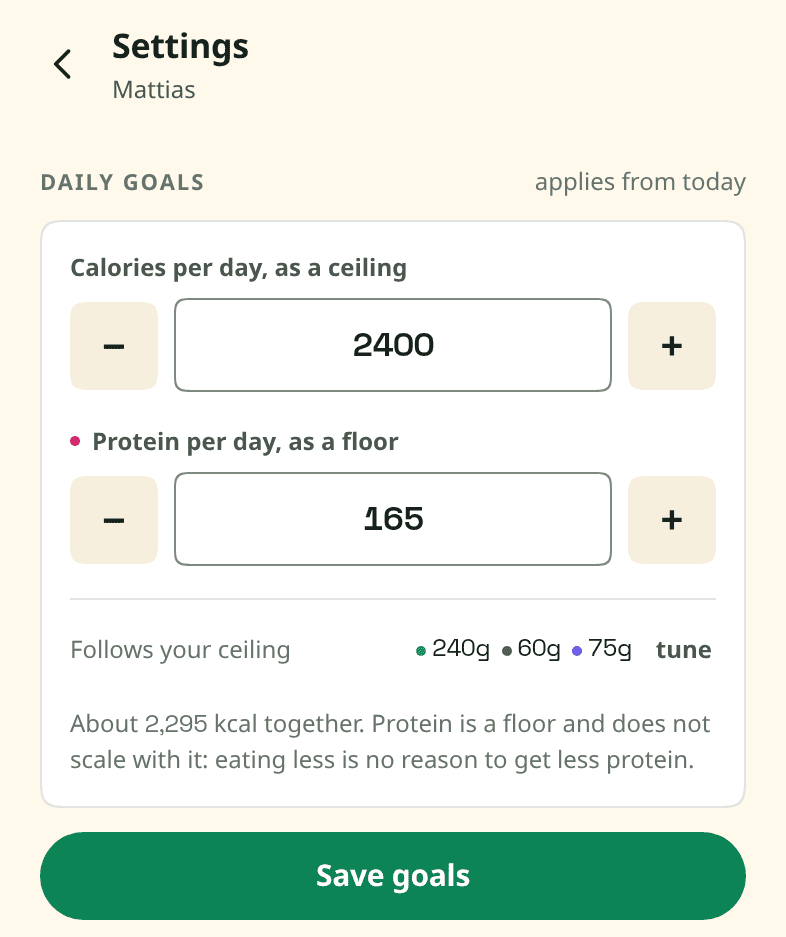 The Snapkin settings screen: calories per day as a ceiling set to 2,400 and protein per day as a floor set to 165, each with a minus and a plus, above a Save goals button.