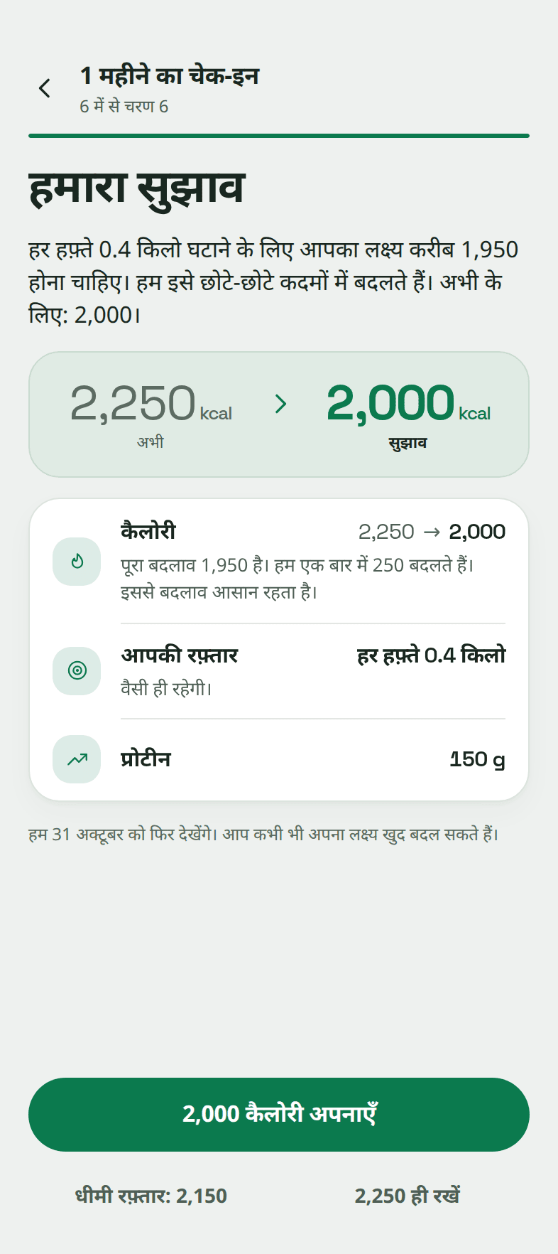 चेक-इन का आखिरी कदम, "हमारा सुझाव": लक्ष्य 2,250 से 2,000 कैलोरी पर जाता है, और तीन बटन: 2,000 कैलोरी अपनाएँ, 2,150 पर धीमी रफ़्तार, या 2,250 ही रखें।