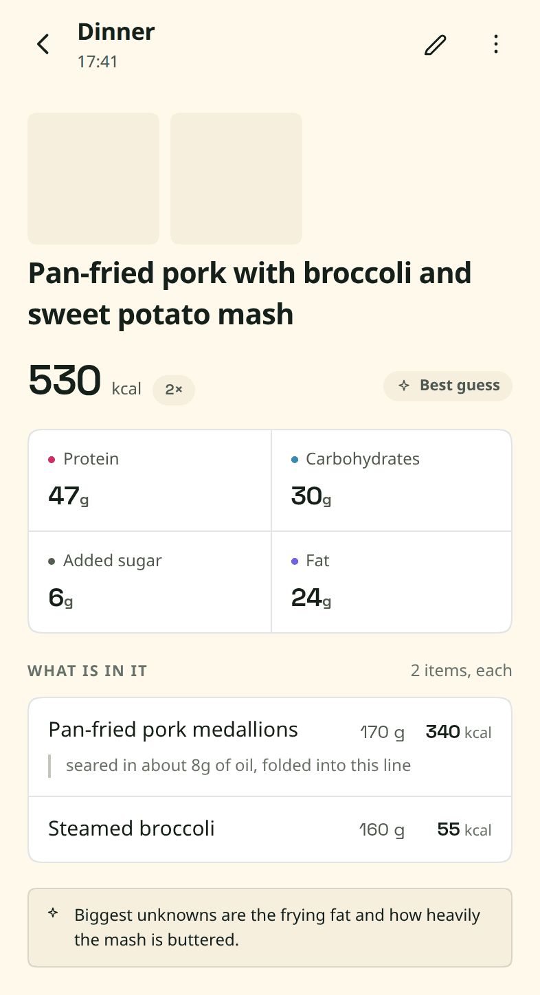 A logged meal marked "Best guess": 530 kcal, the four macros, and two ingredients with their grams and calories, one of them noted as seared in about 8 g of oil folded into the line, above a box naming the frying fat and the buttering of the mash as the biggest unknowns.