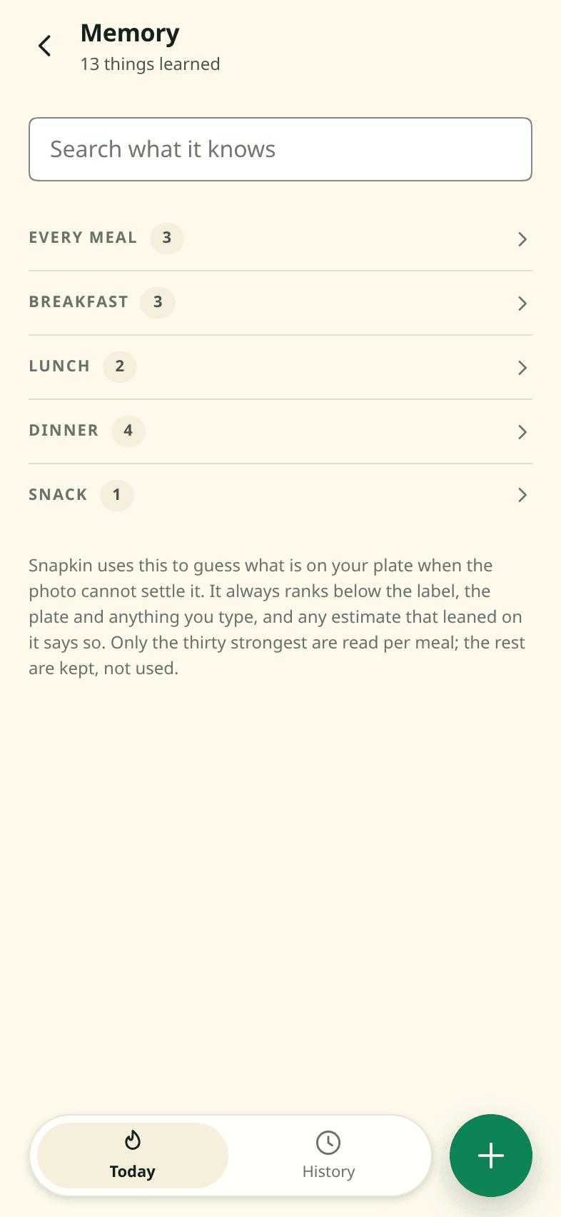 The Snapkin memory screen: a searchable list of what it has learned, grouped into what applies to every meal and what applies to breakfast, lunch, dinner or a snack, with a note that only the thirty strongest are used per meal.
