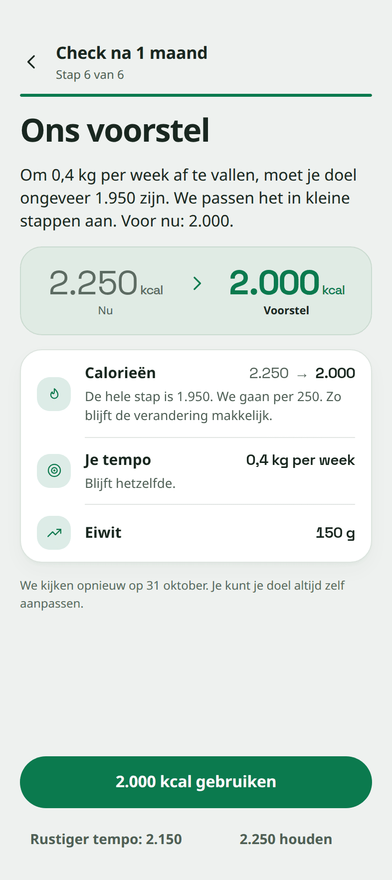 De laatste stap van de check, "Ons voorstel": het doel gaat van 2.250 naar 2.000 kcal, met knoppen om 2.000 kcal te gebruiken, een rustiger tempo te kiezen op 2.150, of 2.250 te houden.