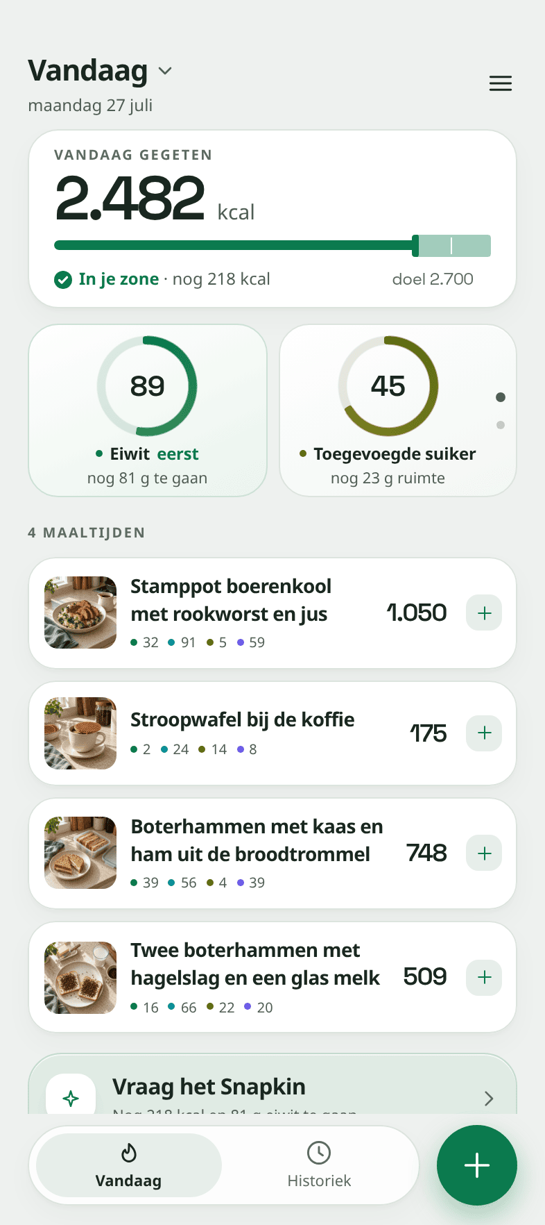 Het dagscherm van Snapkin met de rechterkaart gedraaid naar toegevoegde suiker. Er staat 35 gram op en 33 gram over. Daarnaast toont de eiwitring 134 gram, met nog 36 te gaan. Daaronder een dag van vier maaltijden, samen 2.640 van 2.700 kcal.