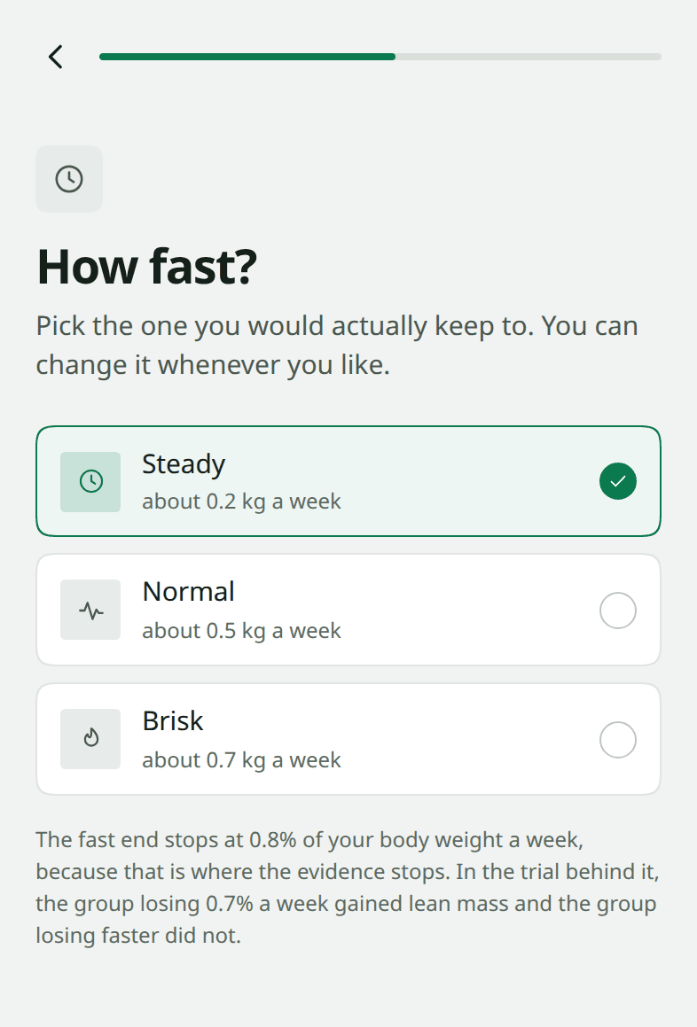 A Snapkin onboarding screen headed &ldquo;How fast?&rdquo; offering Steady at about 0.2 kg a week, Normal at 0.5 and Brisk at 0.7, with a note explaining that the fast end stops at 0.8% of body weight a week because that is where the evidence stops.