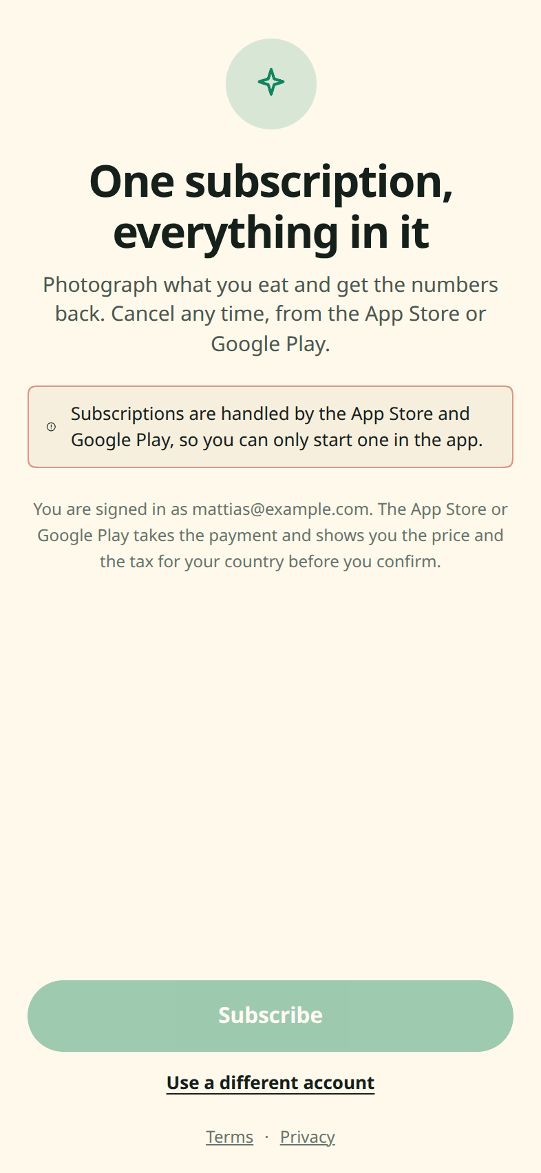 The Snapkin subscribe screen: one subscription with everything included, a note that billing runs through the App Store and Google Play, and a Subscribe button.