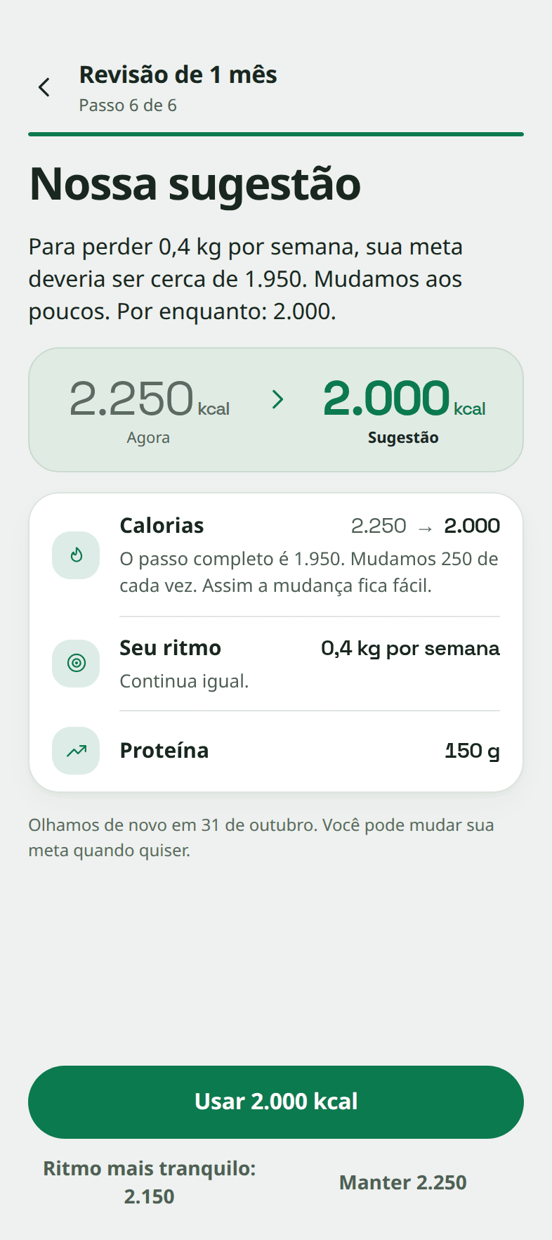 O último passo da revisão, "Nossa sugestão": a meta vai de 2.250 para 2.000 kcal, com botões para usar 2.000 kcal, escolher um ritmo mais tranquilo com 2.150, ou manter 2.250.