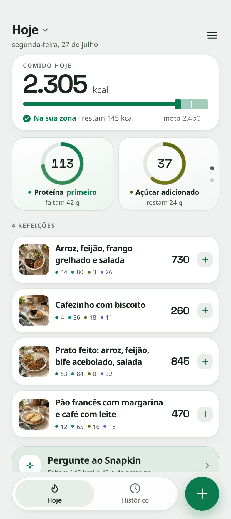 O ecrã do dia do Snapkin com o cartão da direita virado para açúcar adicionado. Mostra 35 gramas usados e 33 gramas restantes. Ao lado, o anel de proteína mostra 134 gramas, com 36 por alcançar. Em baixo, um dia de quatro refeições, 2.640 de 2.700 kcal no total.