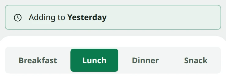 Snapkin adding a meal from an older photo to yesterday's lunch, with Breakfast, Lunch, Dinner and Snack to choose from.