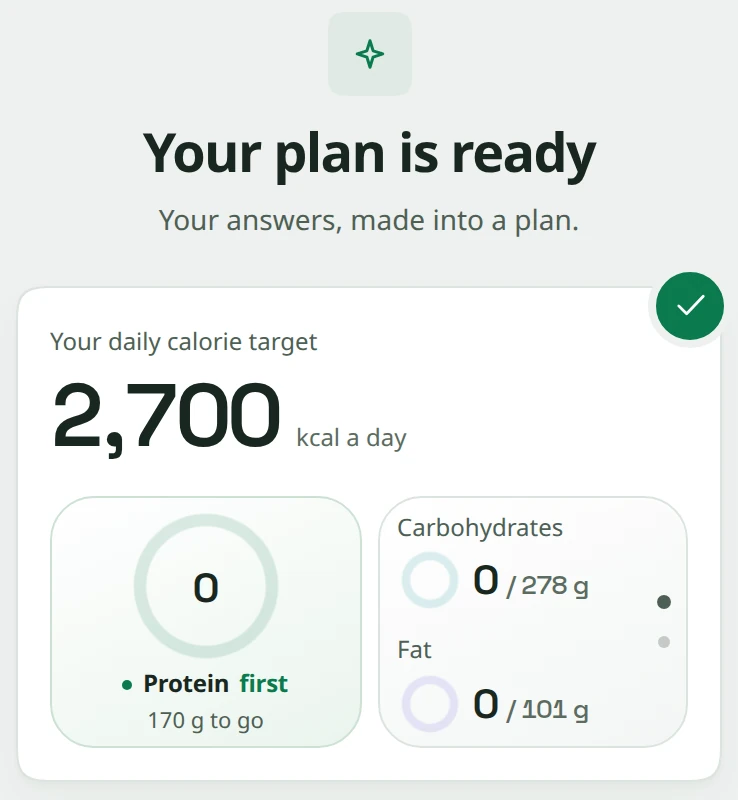 Snapkin setup screen that says Your plan is ready, with a daily calorie target of 2,700 kcal and protein first.