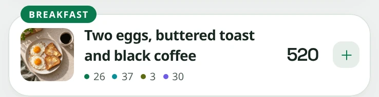 Snapkin Today screen with a meal under the Breakfast label: two eggs, buttered toast and black coffee at 520 kcal.