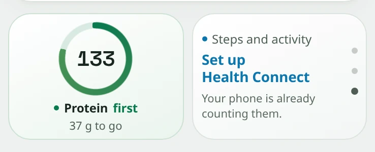 Snapkin Today screen with the protein ring at 133 grams and an activity card asking you to set up Health Connect to count your steps.