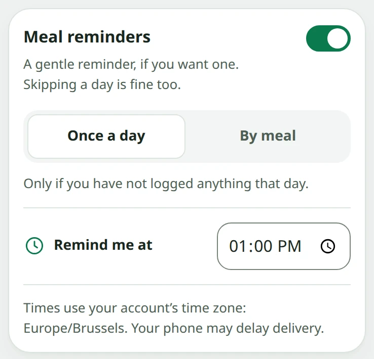 Snapkin meal reminder settings: one gentle reminder a day at 1:00 PM, only on days you have not logged a meal yet.