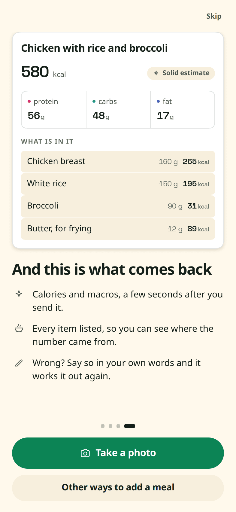 A logged meal: chicken with rice and broccoli at 580 kcal marked "Solid estimate", the three macros, and the four ingredients it found with the grams and calories it gave each, including the butter it was fried in.