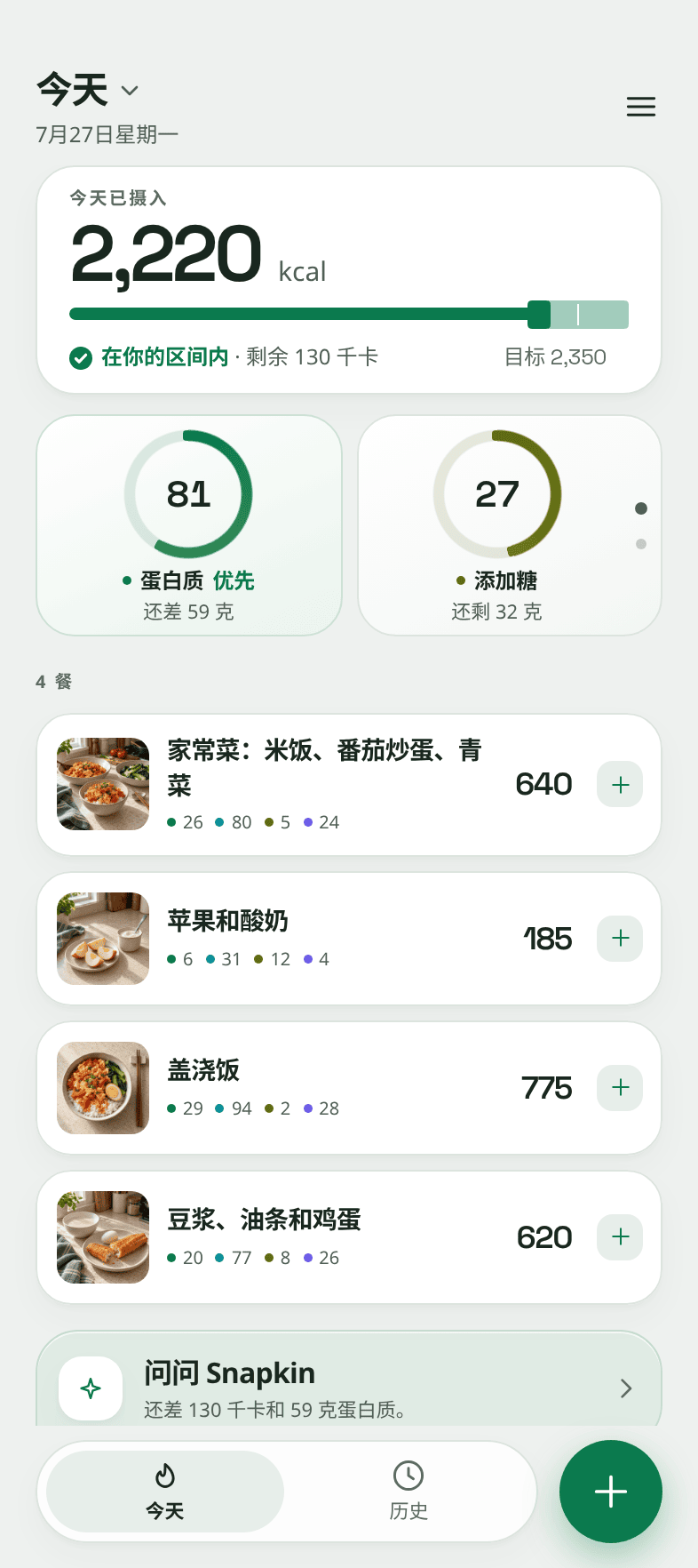 Snapkin 的当天页面，右边那张卡片转到了添加糖。上面写着用掉 35 克、还剩 33 克。旁边的蛋白质圆环显示 134 克，还差 36 克。下面是四顿饭的一天，合计 2,640 / 2,700 千卡。